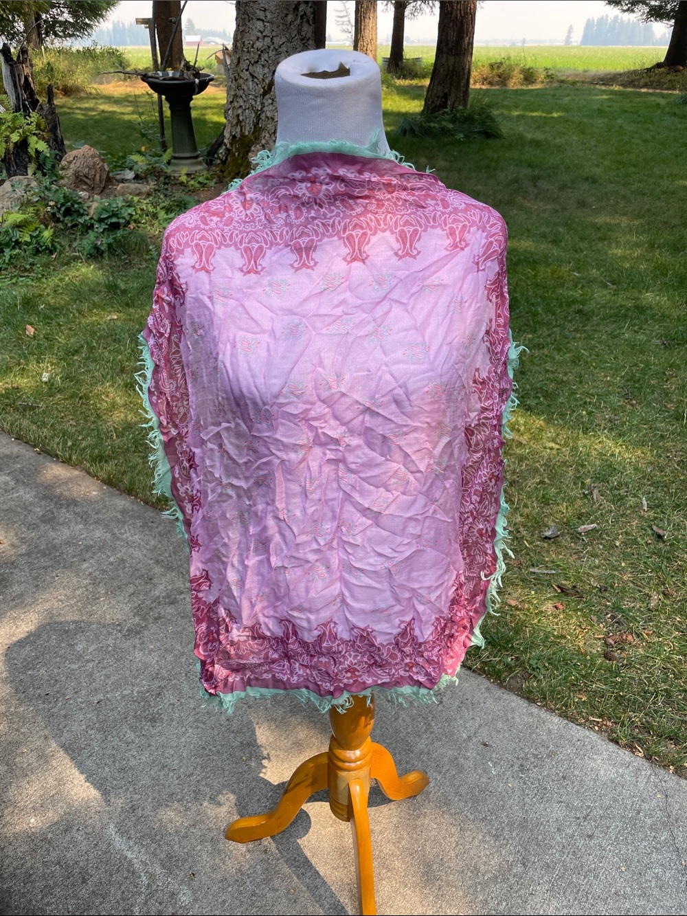 Light Pink and Magenta Scarf with Mint Fringe - Women Accessories - Picture 2 of 4